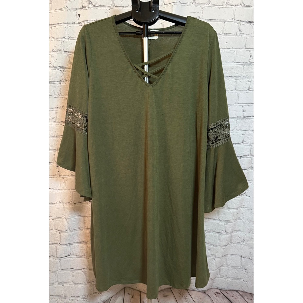 Just Found Womens 3X Olive Green Bell Sleeve Lace‎ Dress V-Neck Strappy